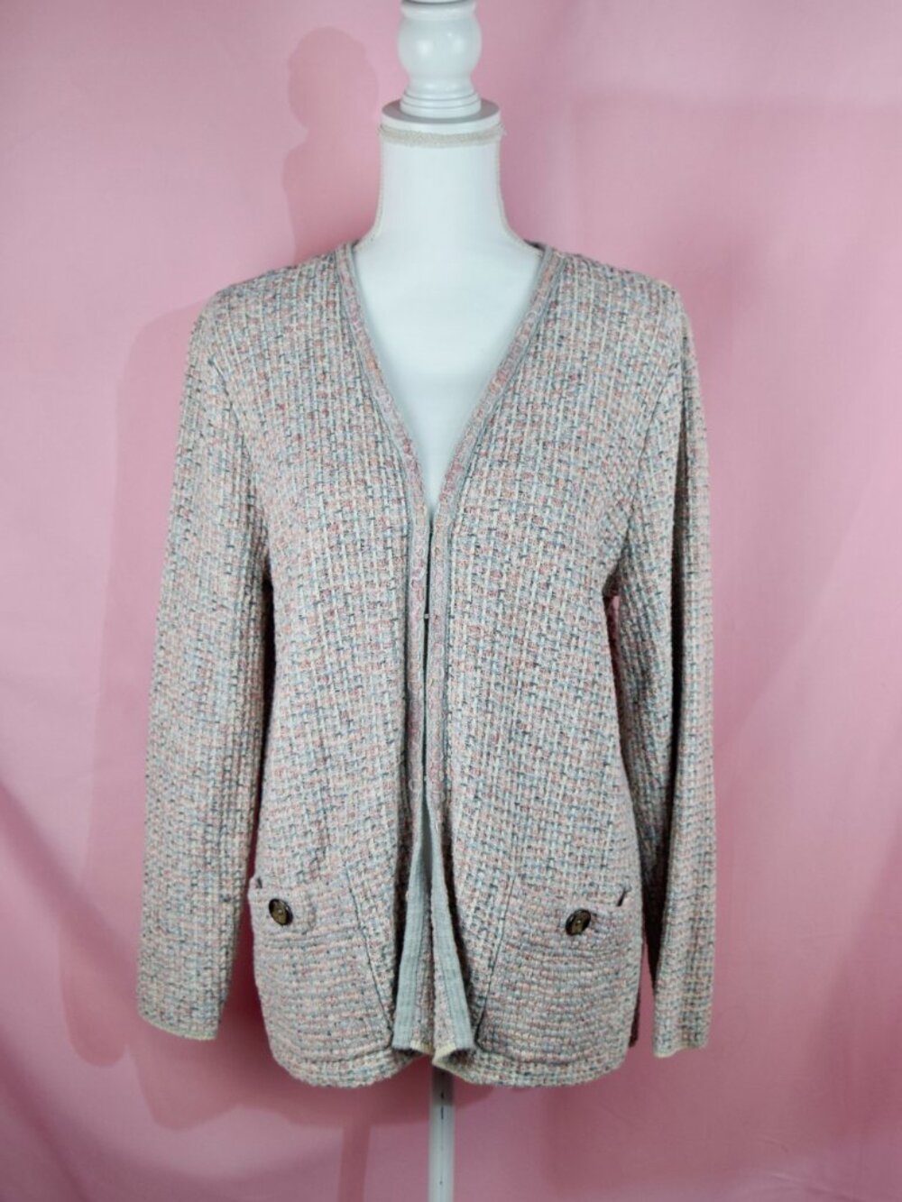 J. Jill Textured Tweed Open-Front Cardigan Sweater | Size L Tall
